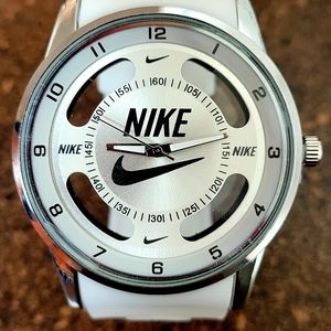 Nike Watch Hollow Analog Sports Silicone White Band Silver Face Adult Size Men's